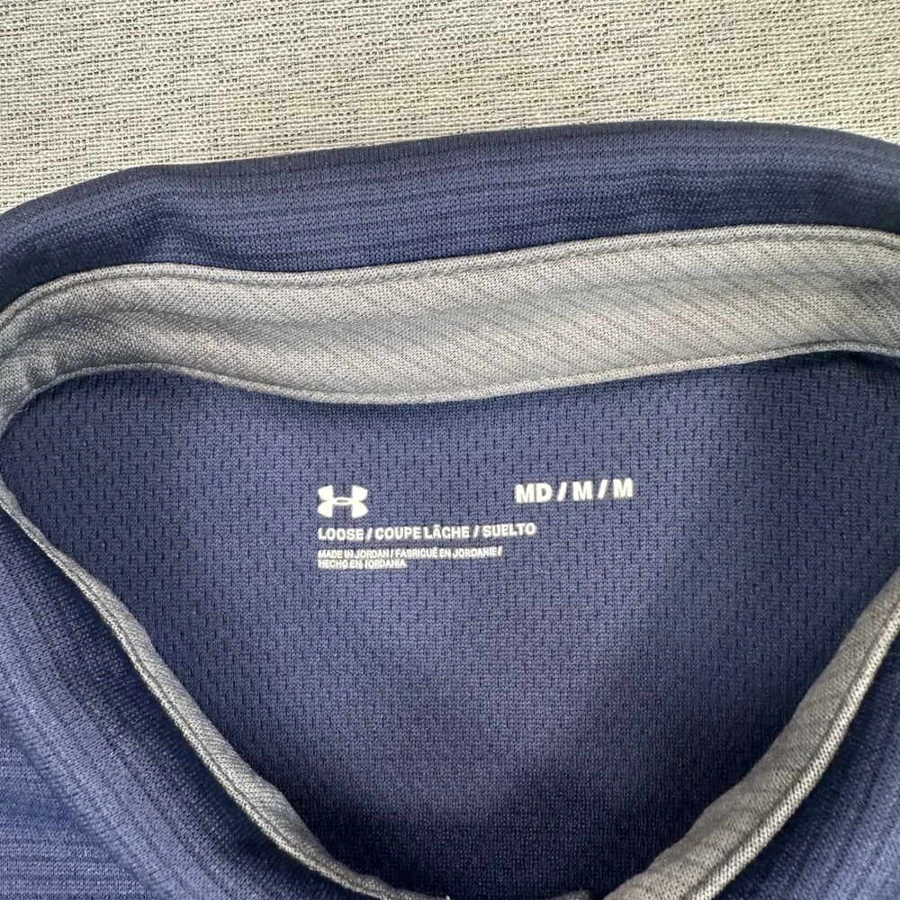 Under Armour Polo Shirt Men Medium Navy Blue Micro Stripe Loose Fit Short Sleeve